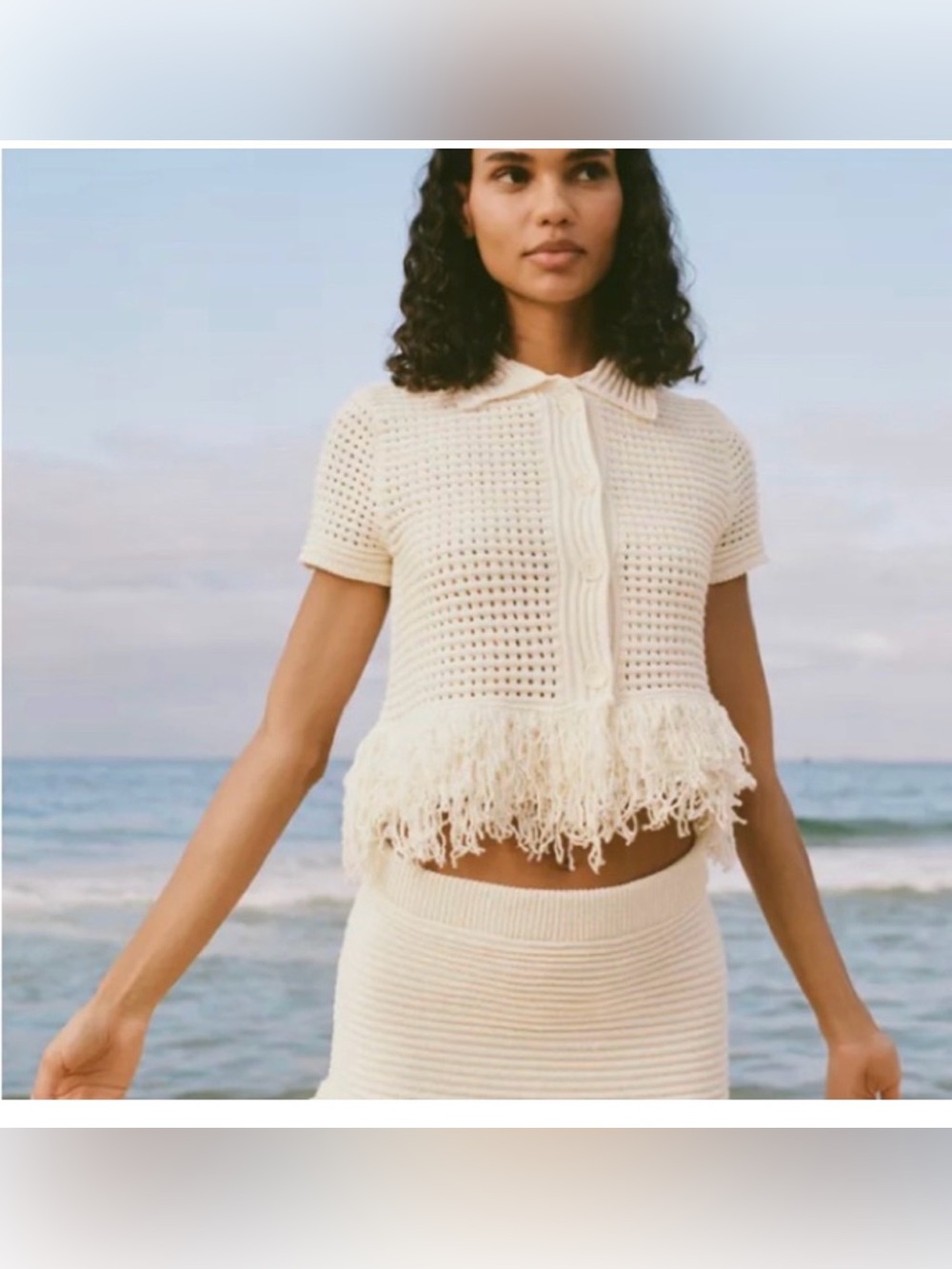 Like new Cream Crochet Fringe Short-Sleeve Sweater Cardigan - Picture 8 of 8